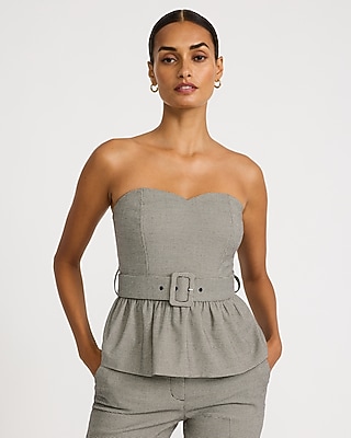 Mini Houndstooth Strapless Sweetheart Belted Peplum Tube Top