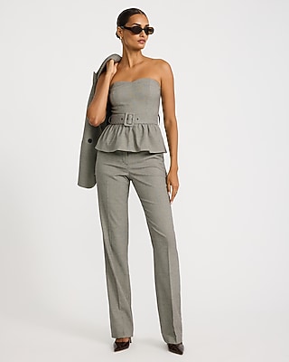 Mini Houndstooth Strapless Sweetheart Belted Peplum Tube Top
