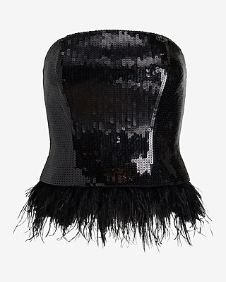 Sequin Strapless Feather Hem Tube Top