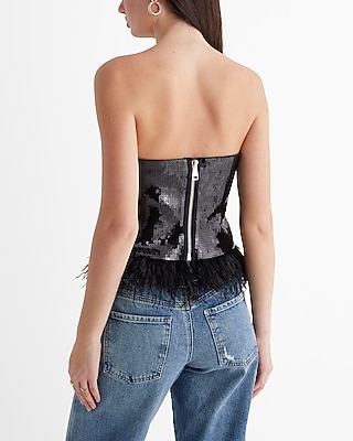 Sequin Strapless Feather Hem Tube Top