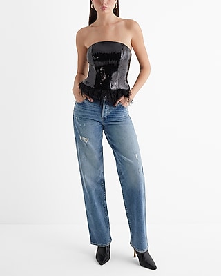 Sequin Strapless Feather Hem Tube Top