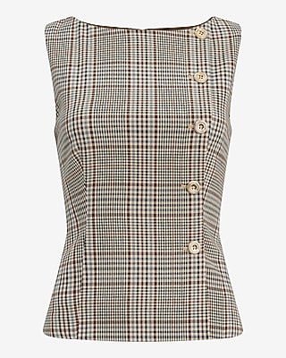 Plaid Boat Neck Novelty Button Front Tailored Top