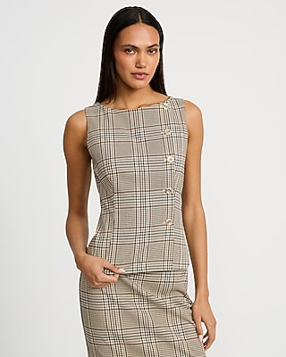Plaid Boat Neck Novelty Button Front Tailored Top