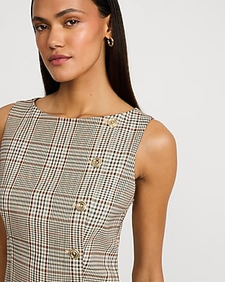 Plaid Boat Neck Novelty Button Front Tailored Top