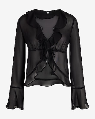 Sheer V-Neck Kimono Sleeve Ruffle Tie Front Top - image 3