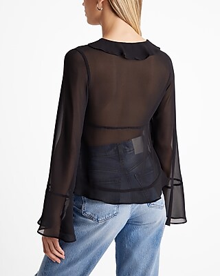 Sheer V-Neck Kimono Sleeve Ruffle Tie Front Top - image 2