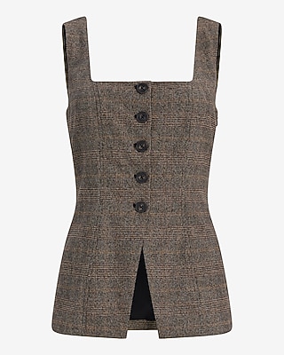 Plaid Square Neck Button Front Cutaway Tailored Tank