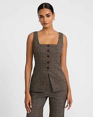 Plaid Square Neck Button Front Cutaway Tailored Tank