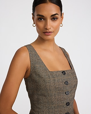 Plaid Square Neck Button Front Cutaway Tailored Tank