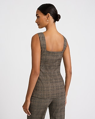Plaid Square Neck Button Front Cutaway Tailored Tank