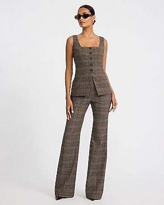 Plaid Square Neck Button Front Cutaway Tailored Tank