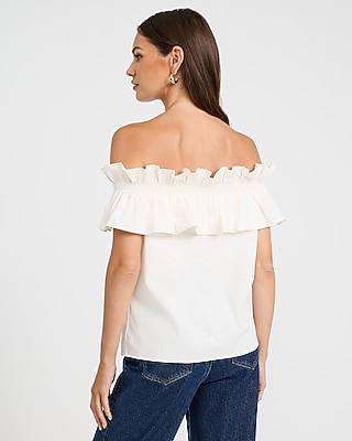 Stretch Cotton Poplin Off The Shoulder Ruffle Top