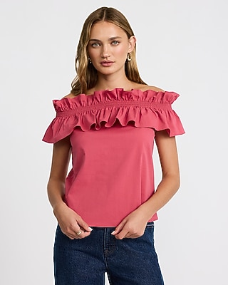 Stretch Cotton Poplin Off The Shoulder Ruffle Top - thumbnail 5
