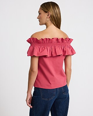 Stretch Cotton Poplin Off The Shoulder Ruffle Top - thumbnail 6