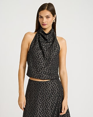 Polka Dot Metallic Halter Cowl Neck Top