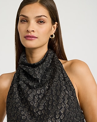 Polka Dot Metallic Halter Cowl Neck Top