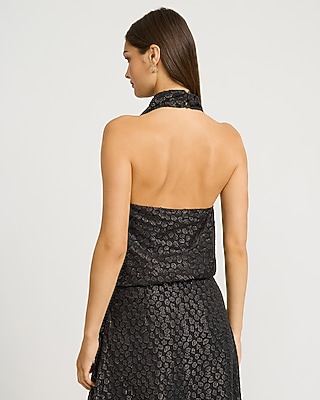 Polka Dot Metallic Halter Cowl Neck Top