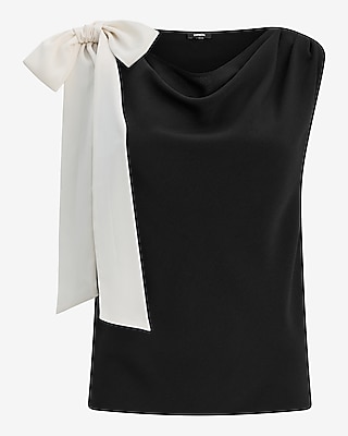 Crepe Color Block Cowl Neck Bow Top