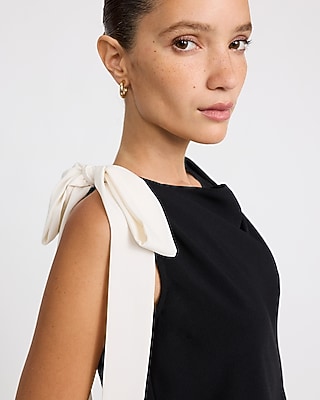 Crepe Color Block Cowl Neck Bow Top