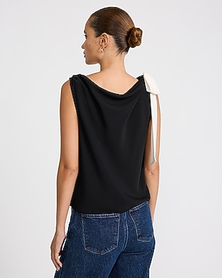 Crepe Color Block Cowl Neck Bow Top