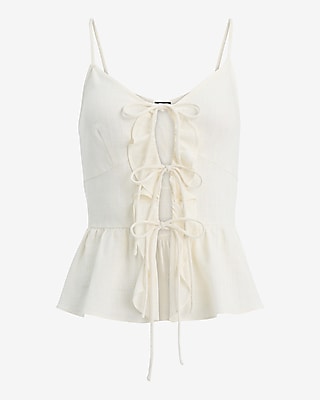 Linen-Blend V-Neck Tie Front Peplum Tank