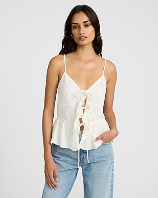 Linen-Blend V-Neck Tie Front Peplum Tank