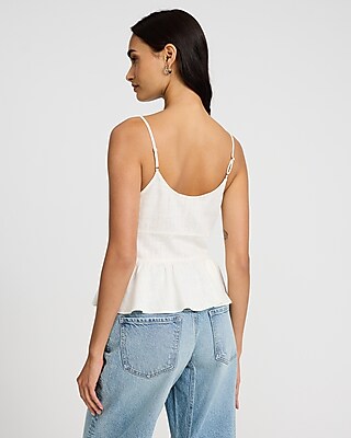 Linen-Blend V-Neck Tie Front Peplum Tank