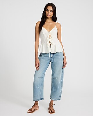 Linen-Blend V-Neck Tie Front Peplum Tank