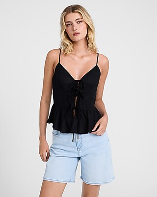 Linen-blend V-neck Tie Front Peplum Tank | Express