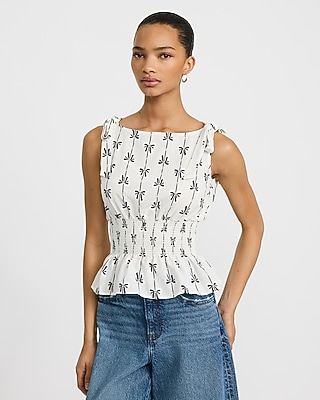 Printed Boat Neck Tie Shoulder Smocked Peplum Tank