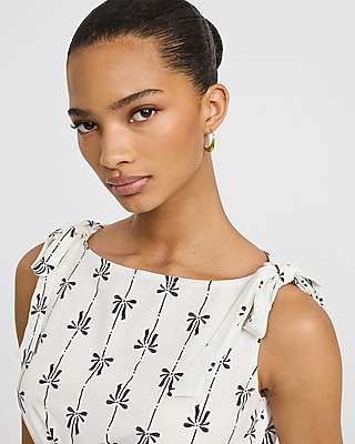Printed Boat Neck Tie Shoulder Smocked Peplum Tank