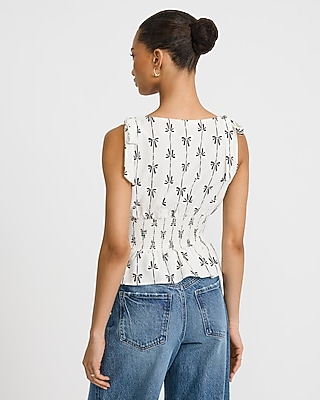 Printed Boat Neck Tie Shoulder Smocked Peplum Tank