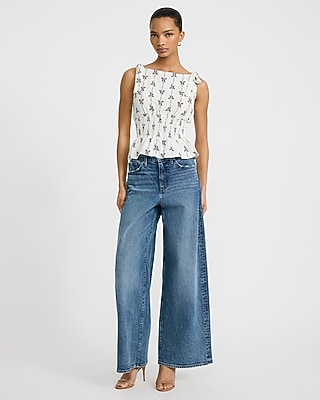 Printed Boat Neck Tie Shoulder Smocked Peplum Tank