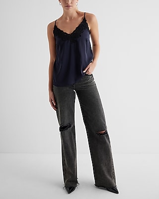 Satin V-Neck Lace Trim Downtown Cami