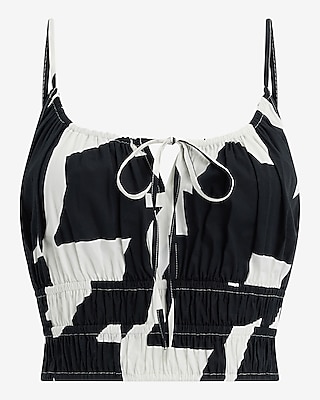Printed Scoop Neck Smocked Tie Front Cami