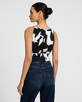 Printed Scoop Neck Smocked Tie Front Cami