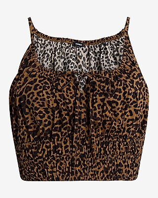 Leopard Scoop Neck Smocked Tie Front Cami