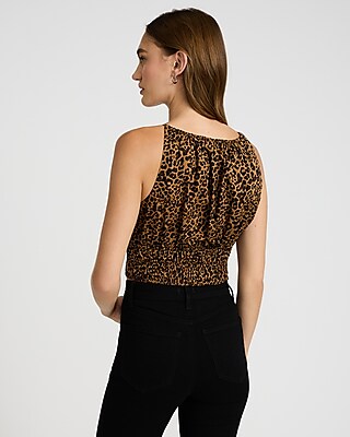 Leopard Scoop Neck Smocked Tie Front Cami