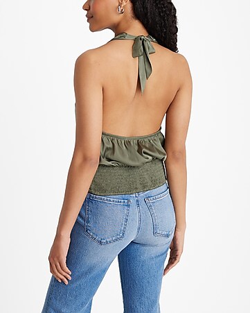 Express  Long Draped Sleeve Banded Waist Top in Green Lush