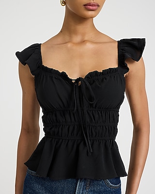 Tie Front Flutter Sleeve Ruffle Smocked Top