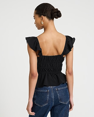 Tie Front Flutter Sleeve Ruffle Smocked Top