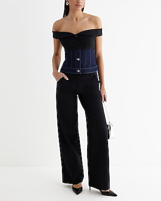 Denim Twill Off The Shoulder Faux Button Front Corset Top