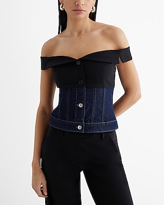 Denim Twill Off The Shoulder Faux Button Front Corset Top