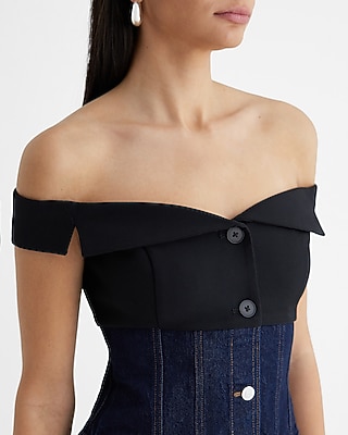 Denim Twill Off The Shoulder Faux Button Front Corset Top