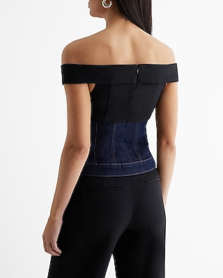 Denim Twill Off The Shoulder Faux Button Front Corset Top