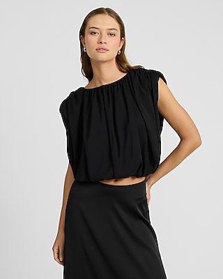 Crew Neck Cap Sleeve Pleated Top