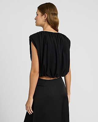 Crew Neck Cap Sleeve Pleated Top