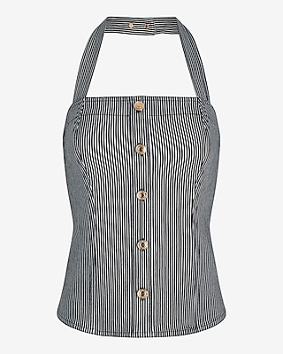 Denim Striped Halter Neck Novelty Button Top