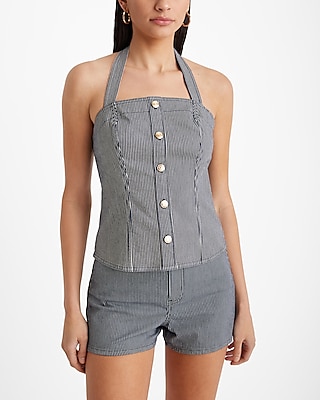 Denim Striped Halter Neck Novelty Button Top