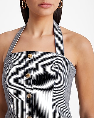 Denim Striped Halter Neck Novelty Button Top